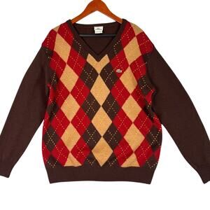 Vintage Lacoste Merino Wool Argyle Sweater Mens 5/Large V Neck Preppy Academia
